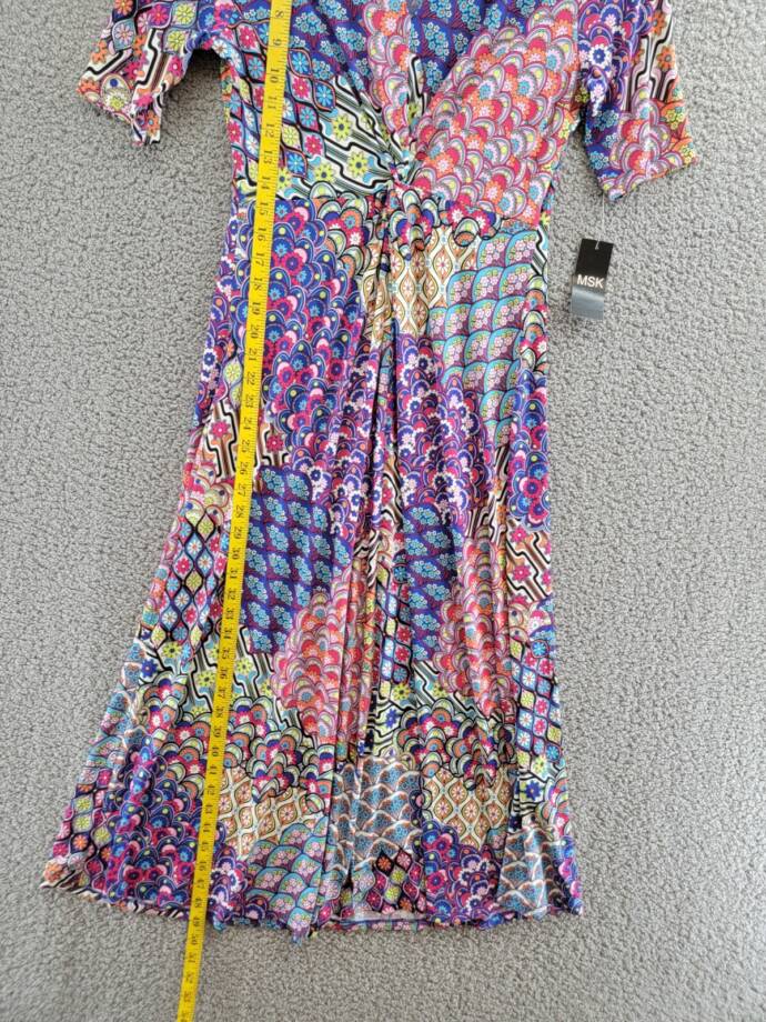 MSK Mixed-Print Twist-Front Midi Dress Women's S Multicolor V-Neck Elbow Sleeve