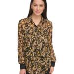 DKNY Animal-Print Long-Sleeve Shirt Women's XS Black/Maize Multi Button Front