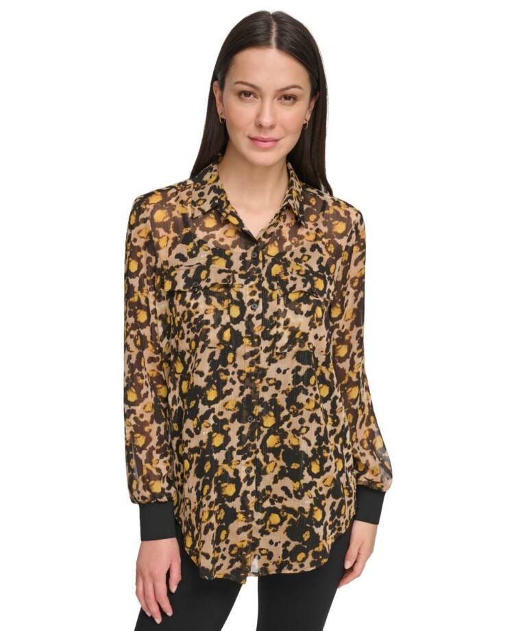 DKNY Animal-Print Long-Sleeve Shirt Women's XS Black/Maize Multi Button Front