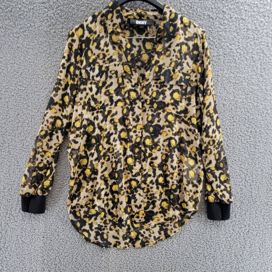 DKNY Animal-Print Long-Sleeve Shirt Women's XS Black/Maize Multi Button Front