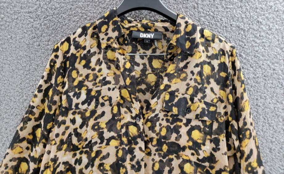 DKNY Animal-Print Long-Sleeve Shirt Women's XS Black/Maize Multi Button Front