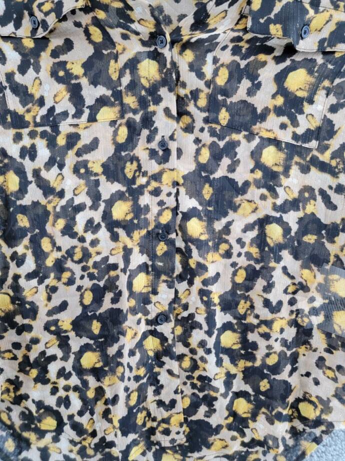 DKNY Animal-Print Long-Sleeve Shirt Women's XS Black/Maize Multi Button Front