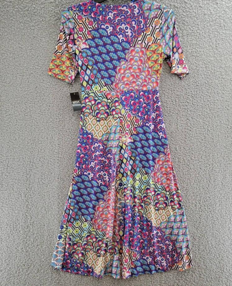 MSK Mixed-Print Twist-Front Midi Dress Women's S Multicolor V-Neck Elbow Sleeve