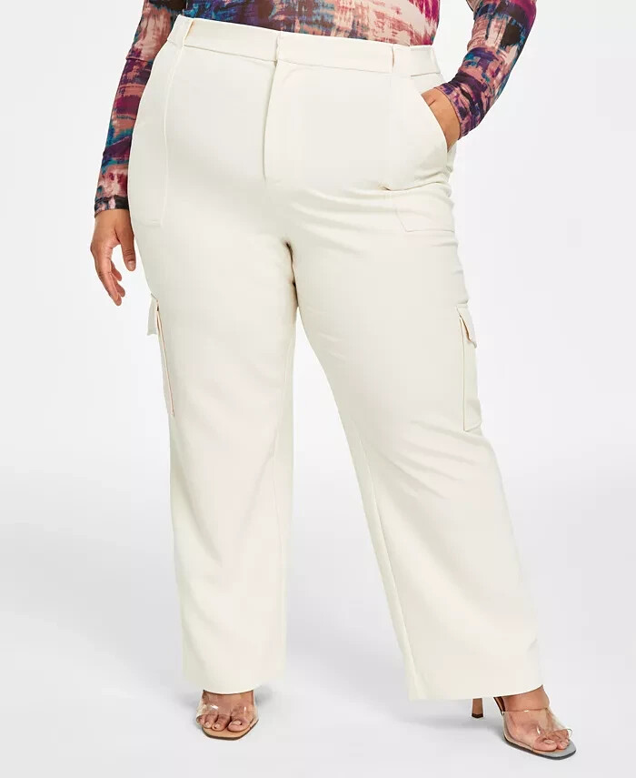 Nina Parker Trendy Plus Size Wide-Leg Utility Cargo Pants Women's 22W Oat Latte