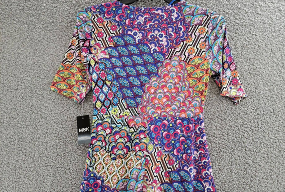 MSK Mixed-Print Twist-Front Midi Dress Women's S Multicolor V-Neck Elbow Sleeve