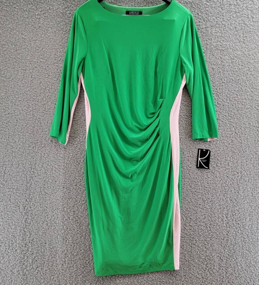Kasper Side Stripe Dress Women's 12 Green/Pink Colorblocked Round Neck Pullover