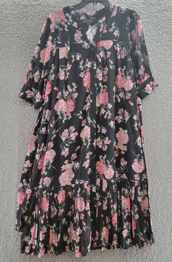 Gracia Floral Print Belted Dress Women's S Black Multi V-Neck Half Sleeve Button