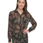 DKNY Semi-Sheer Oversized Printed Blouse Women's XS Black Multi Button Front L/S
