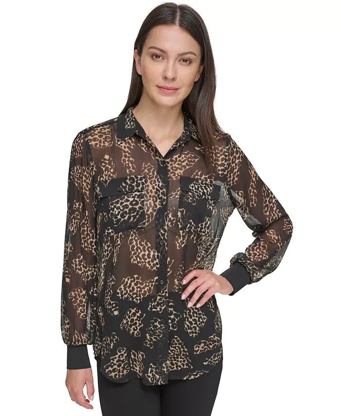 DKNY Semi-Sheer Oversized Printed Blouse Women's XS Black Multi Button Front L/S