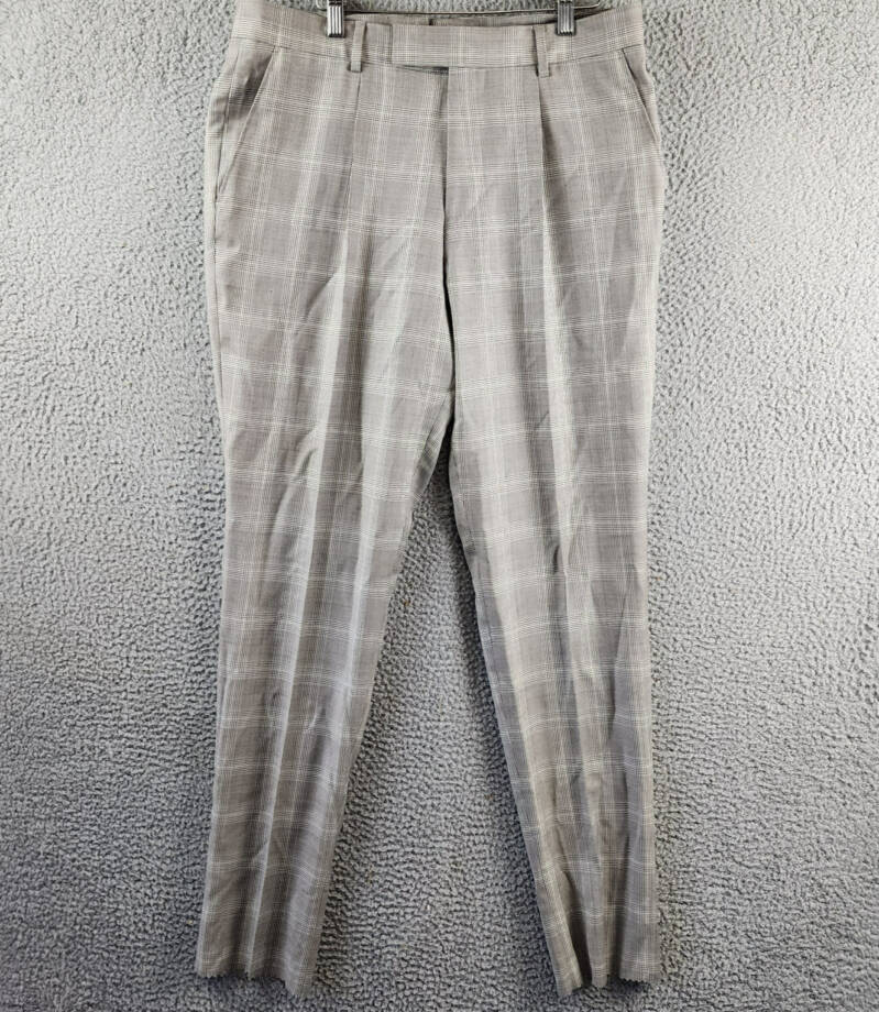 BOSS Camel Heston Wool Slim Fit Dress Pants Men's 40R Beige Plaid Button Zip
