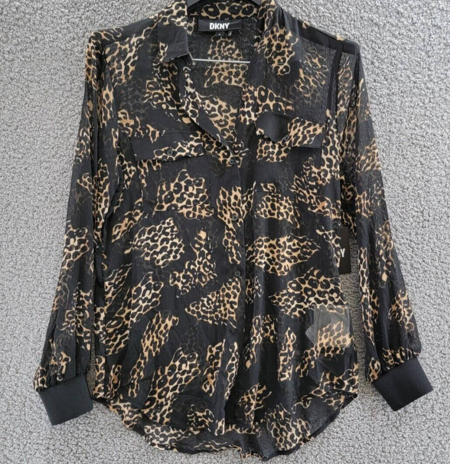 DKNY Semi-Sheer Oversized Printed Blouse Women's XS Black Multi Button Front L/S