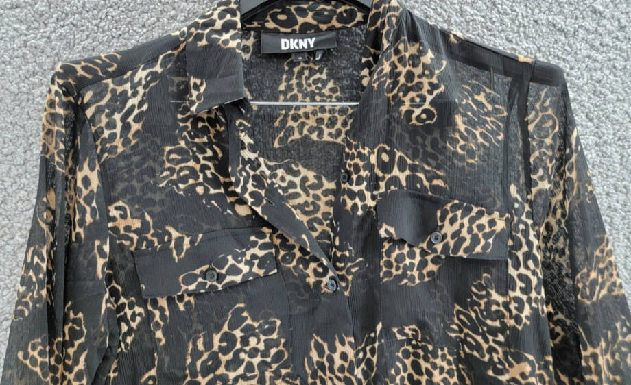 DKNY Semi-Sheer Oversized Printed Blouse Women's XS Black Multi Button Front L/S