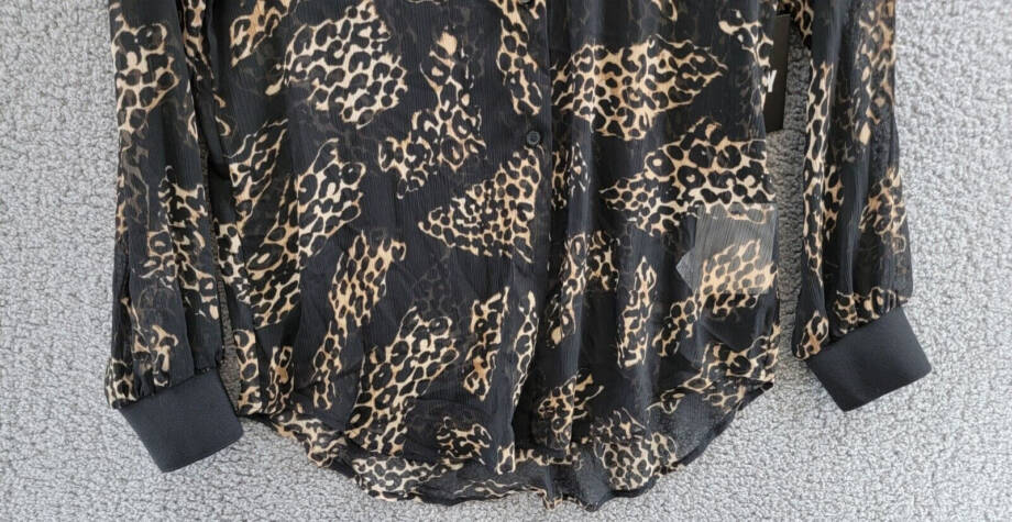 DKNY Semi-Sheer Oversized Printed Blouse Women's XS Black Multi Button Front L/S