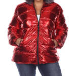 White Mark Plus Size Metallic Puffer Coat with Hoodie Womens 1XL Red Zip Closure