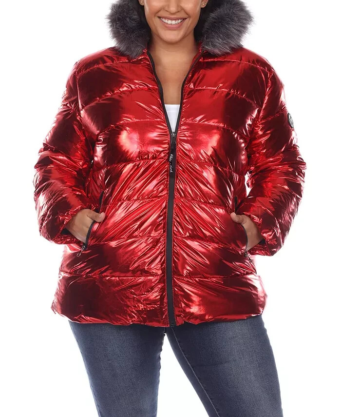 White Mark Plus Size Metallic Puffer Coat with Hoodie Womens 1XL Red Zip Closure