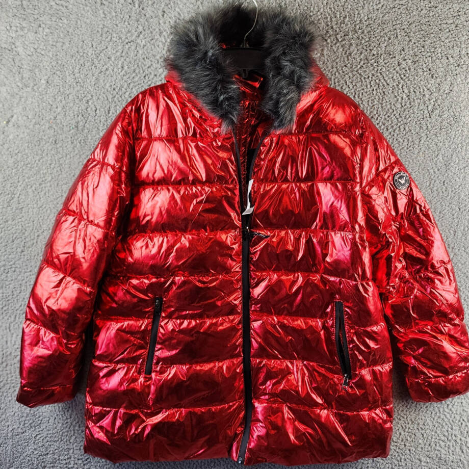 White Mark Plus Size Metallic Puffer Coat with Hoodie Womens 1XL Red Zip Closure