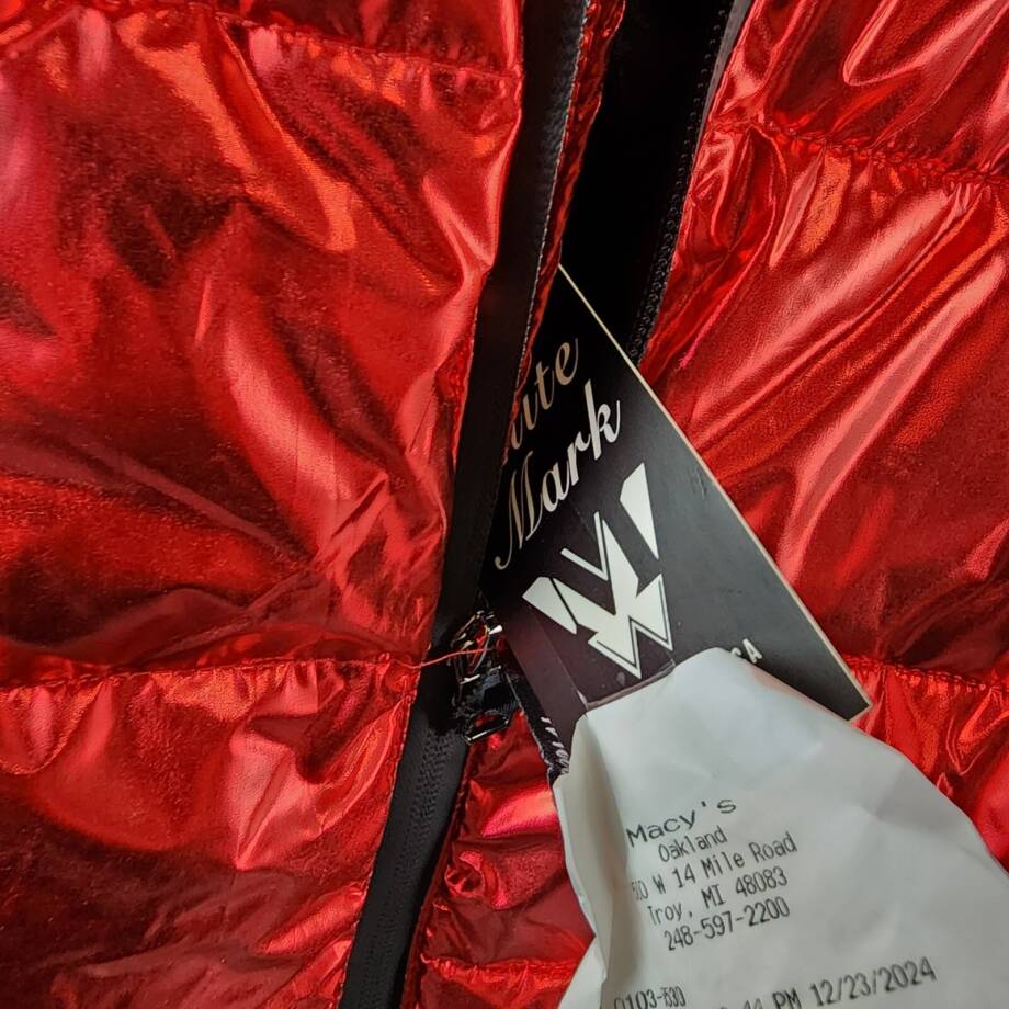 White Mark Plus Size Metallic Puffer Coat with Hoodie Womens 1XL Red Zip Closure