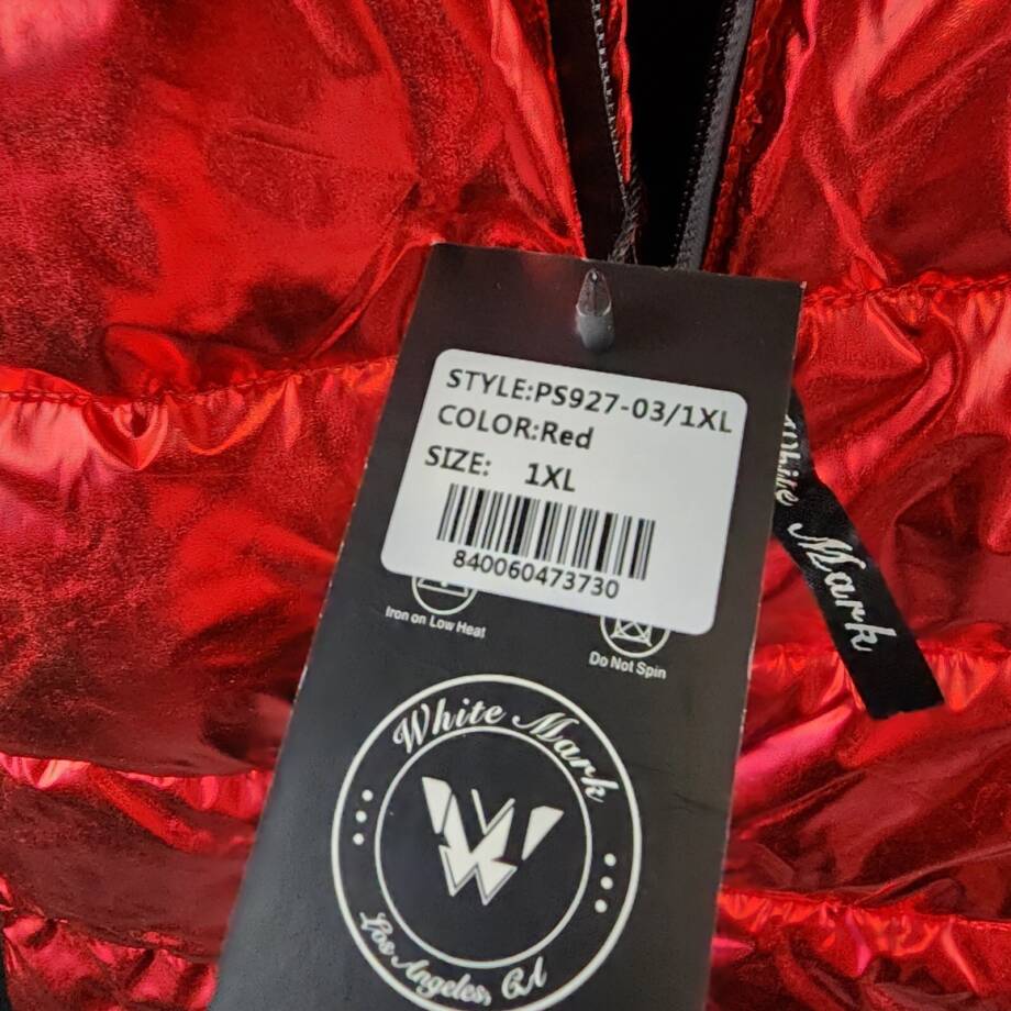 White Mark Plus Size Metallic Puffer Coat with Hoodie Womens 1XL Red Zip Closure