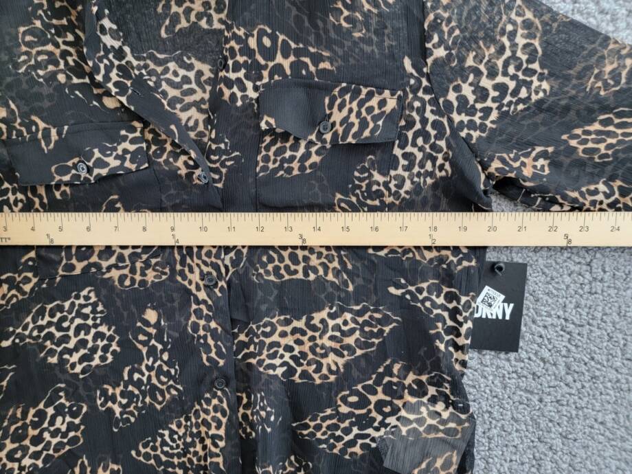 DKNY Semi-Sheer Oversized Printed Blouse Women's XS Black Multi Button Front L/S