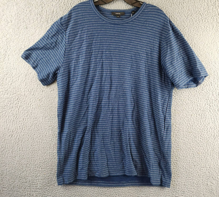 Vince Plaited Stripe Pima Cotton Crew Neck T-Shirt Men's XL Navy Short Sleeve