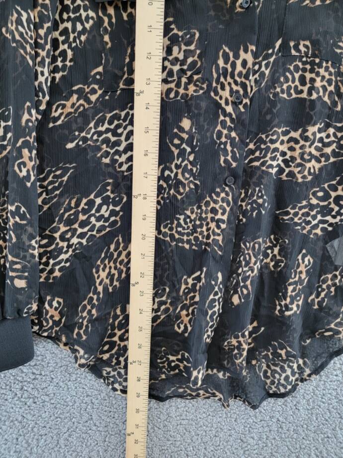 DKNY Semi-Sheer Oversized Printed Blouse Women's XS Black Multi Button Front L/S