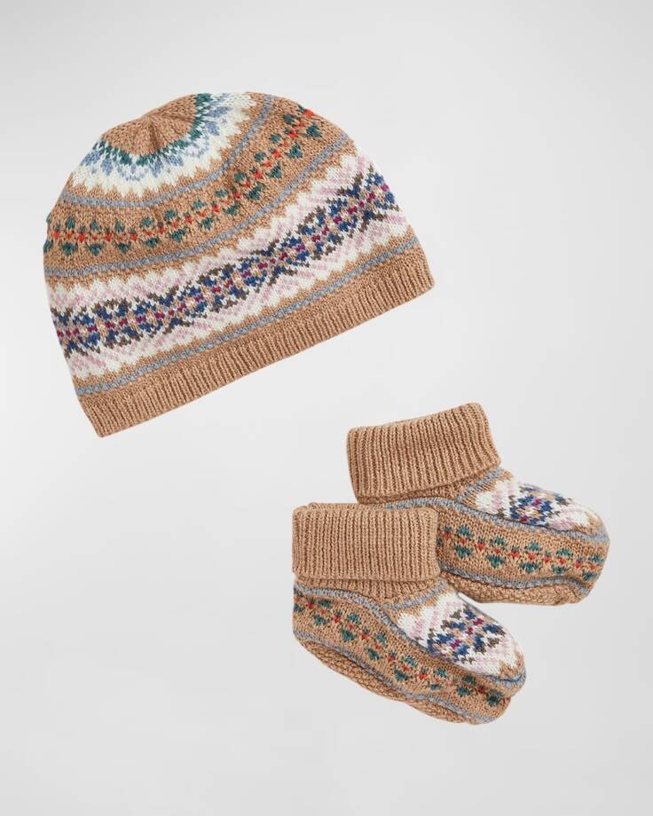 Polo Ralph Lauren Wool Blend Hat & Booties Gift Set Baby Boy's NB/3M Khaki Multi
