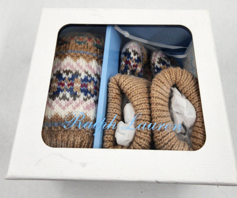 Polo Ralph Lauren Wool Blend Hat & Booties Gift Set Baby Boy's NB/3M Khaki Multi