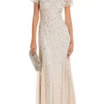 Adrianna Papell Beaded Godet Gown Women's 10 Beige V-Neck Hook & Eye Closure S/S