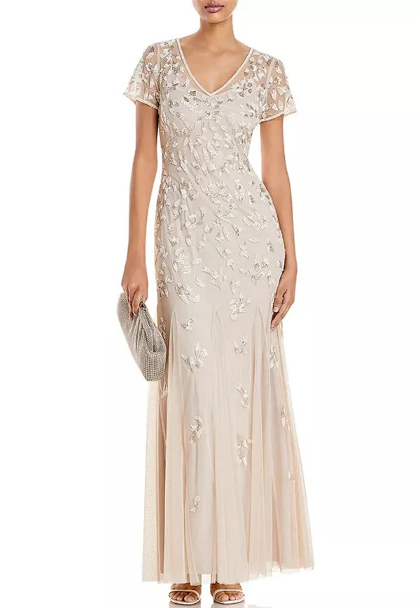 Adrianna Papell Beaded Godet Gown Women's 10 Beige V-Neck Hook & Eye Closure S/S