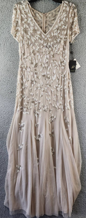 Adrianna Papell Beaded Godet Gown Women's 10 Beige V-Neck Hook & Eye Closure S/S