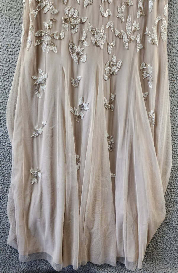 Adrianna Papell Beaded Godet Gown Women's 10 Beige V-Neck Hook & Eye Closure S/S