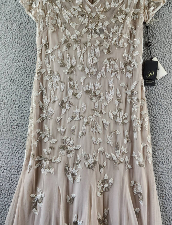 Adrianna Papell Beaded Godet Gown Women's 10 Beige V-Neck Hook & Eye Closure S/S