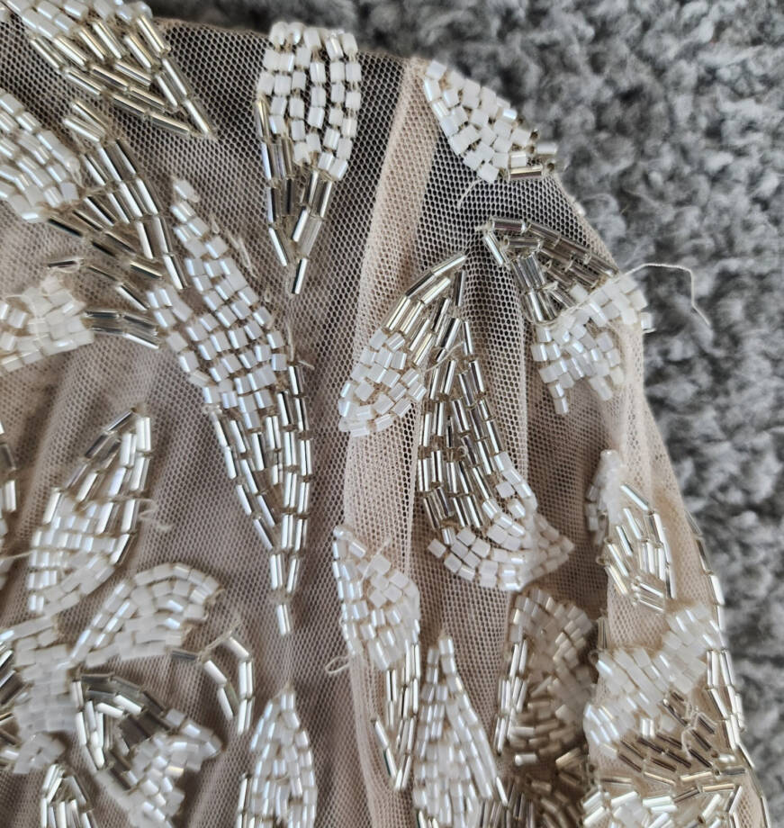 Adrianna Papell Beaded Godet Gown Women's 10 Beige V-Neck Hook & Eye Closure S/S