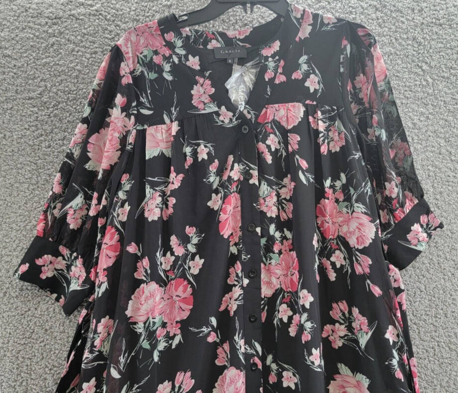 Gracia Floral Print Belted Dress Women's S Black Multi V-Neck Half Sleeve Button