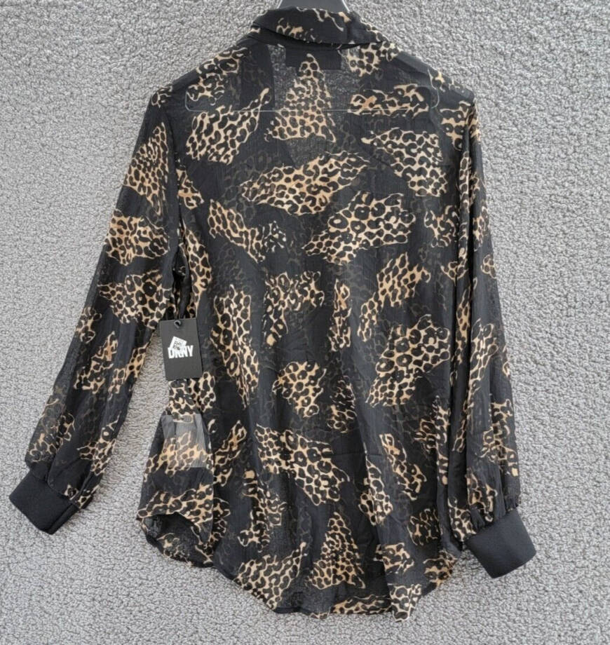 DKNY Semi-Sheer Oversized Printed Blouse Women's XS Black Multi Button Front L/S