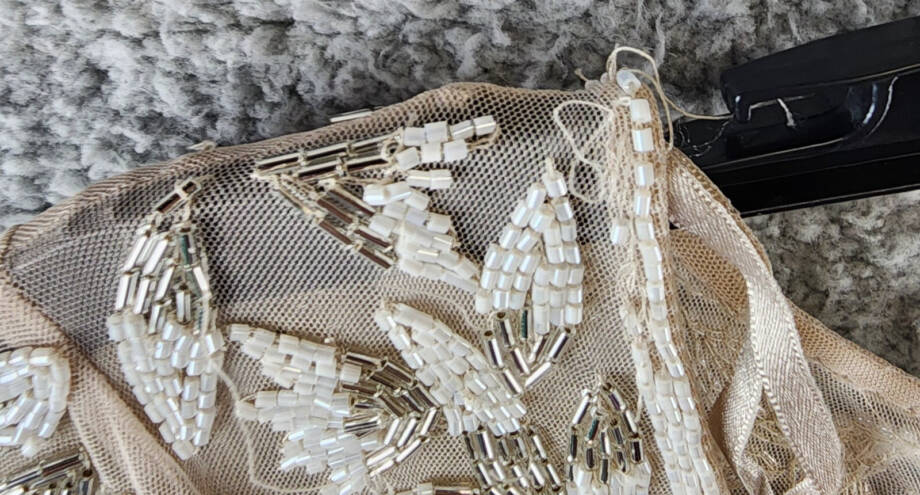 Adrianna Papell Beaded Godet Gown Women's 10 Beige V-Neck Hook & Eye Closure S/S