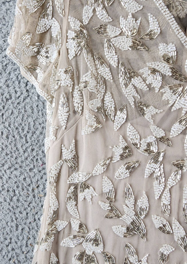 Adrianna Papell Beaded Godet Gown Women's 10 Beige V-Neck Hook & Eye Closure S/S