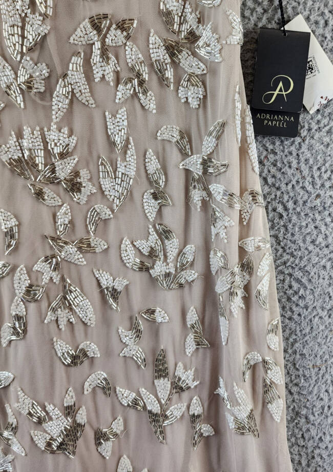 Adrianna Papell Beaded Godet Gown Women's 10 Beige V-Neck Hook & Eye Closure S/S
