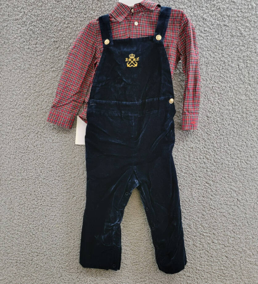 Ralph Lauren Plaid Shirt & Velvet Overall Set Little Boys 24M Navy Multi L/S