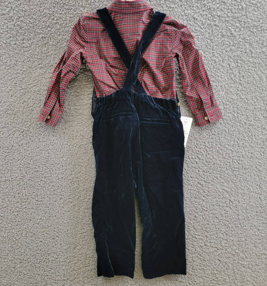 Ralph Lauren Plaid Shirt & Velvet Overall Set Little Boys 24M Navy Multi L/S