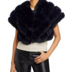 Adrienne Landau Faux Fur Shawl Women's S Navy V-Neck Short Sleeve Hook & Eye