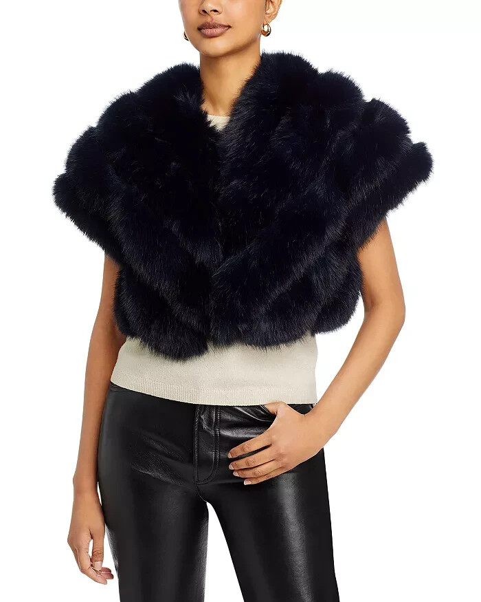 Adrienne Landau Faux Fur Shawl Women's S Navy V-Neck Short Sleeve Hook & Eye