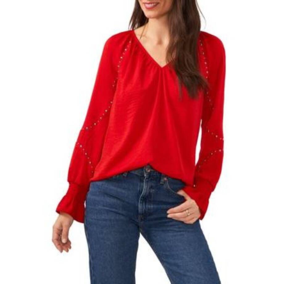 Vince Camuto Embroidered V-Neck Long Sleeve Blouse Women's S Ultra Red Pullover