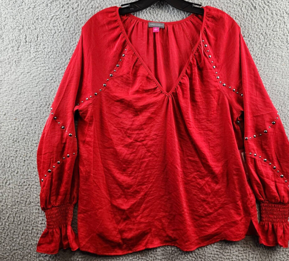 Vince Camuto Embroidered V-Neck Long Sleeve Blouse Women's S Ultra Red Pullover