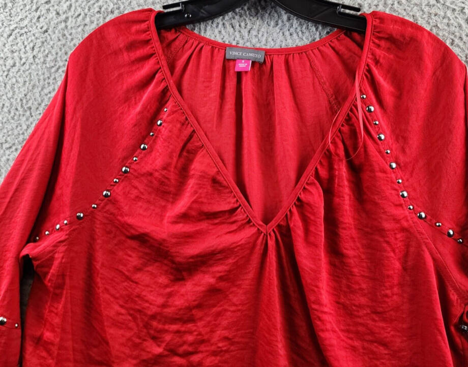 Vince Camuto Embroidered V-Neck Long Sleeve Blouse Women's S Ultra Red Pullover
