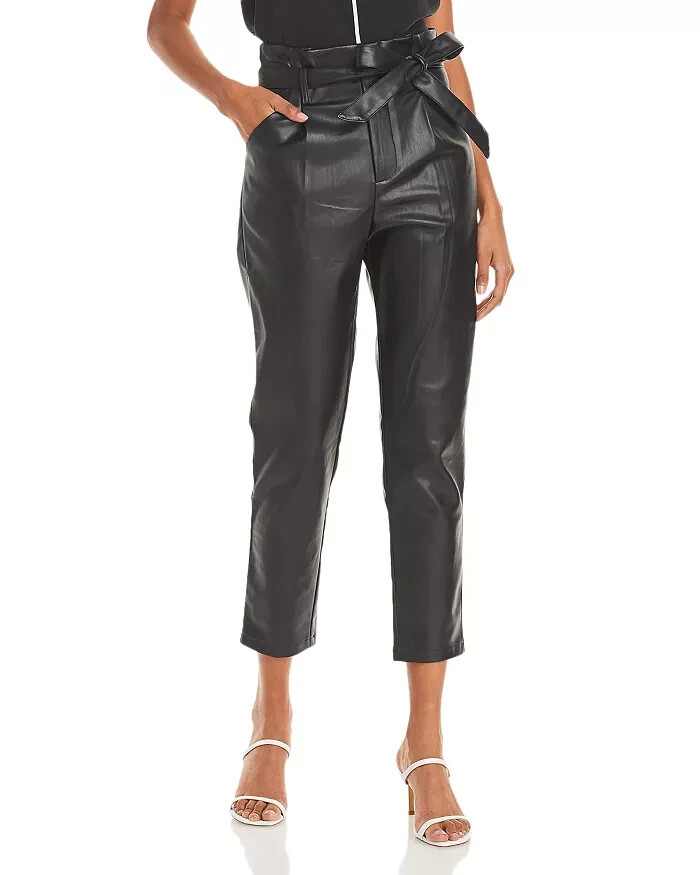 Lucy Paris Faux Leather Paperbag-Waist Pants Womens XS Black Pleated Zip Closure