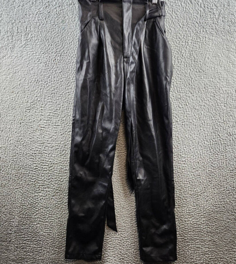 Lucy Paris Faux Leather Paperbag-Waist Pants Womens XS Black Pleated Zip Closure