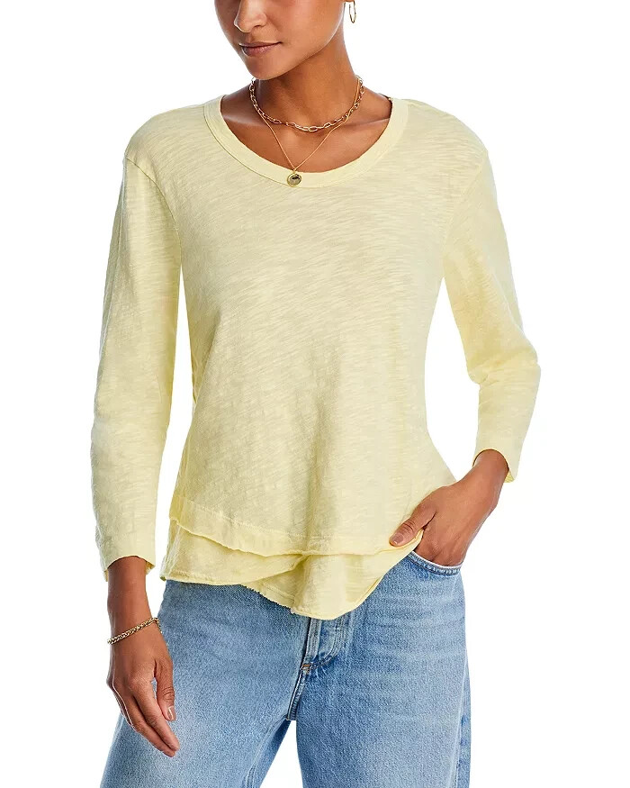 Wilt Scoop Neck Tee Women's L Buttercup Heather Raw Hem Quarter Sleeve Pullover
