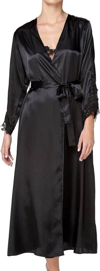 Flora by Flora Nikrooz Stella Satin Venise Trim Robe Womens S/M Black Collarless