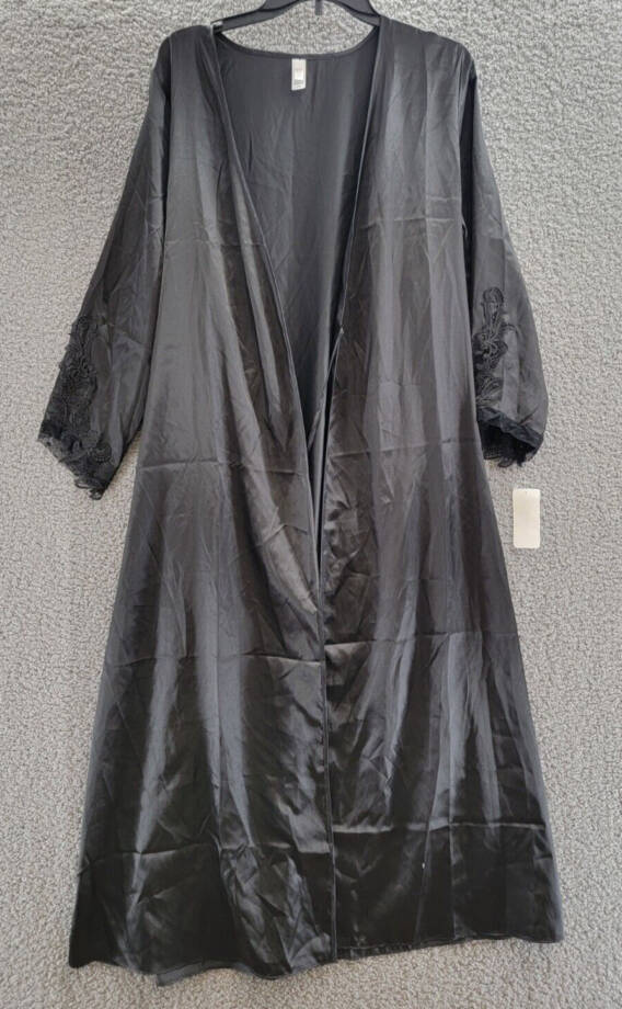Flora by Flora Nikrooz Stella Satin Venise Trim Robe Womens S/M Black Collarless